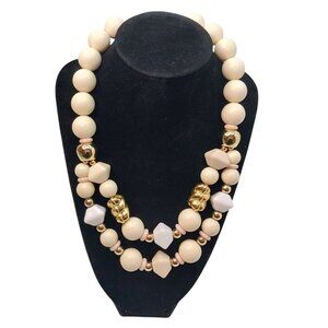 Vintage Two-Strand Cream & Gold Chunky Beaded Necklace Geometric Accents
